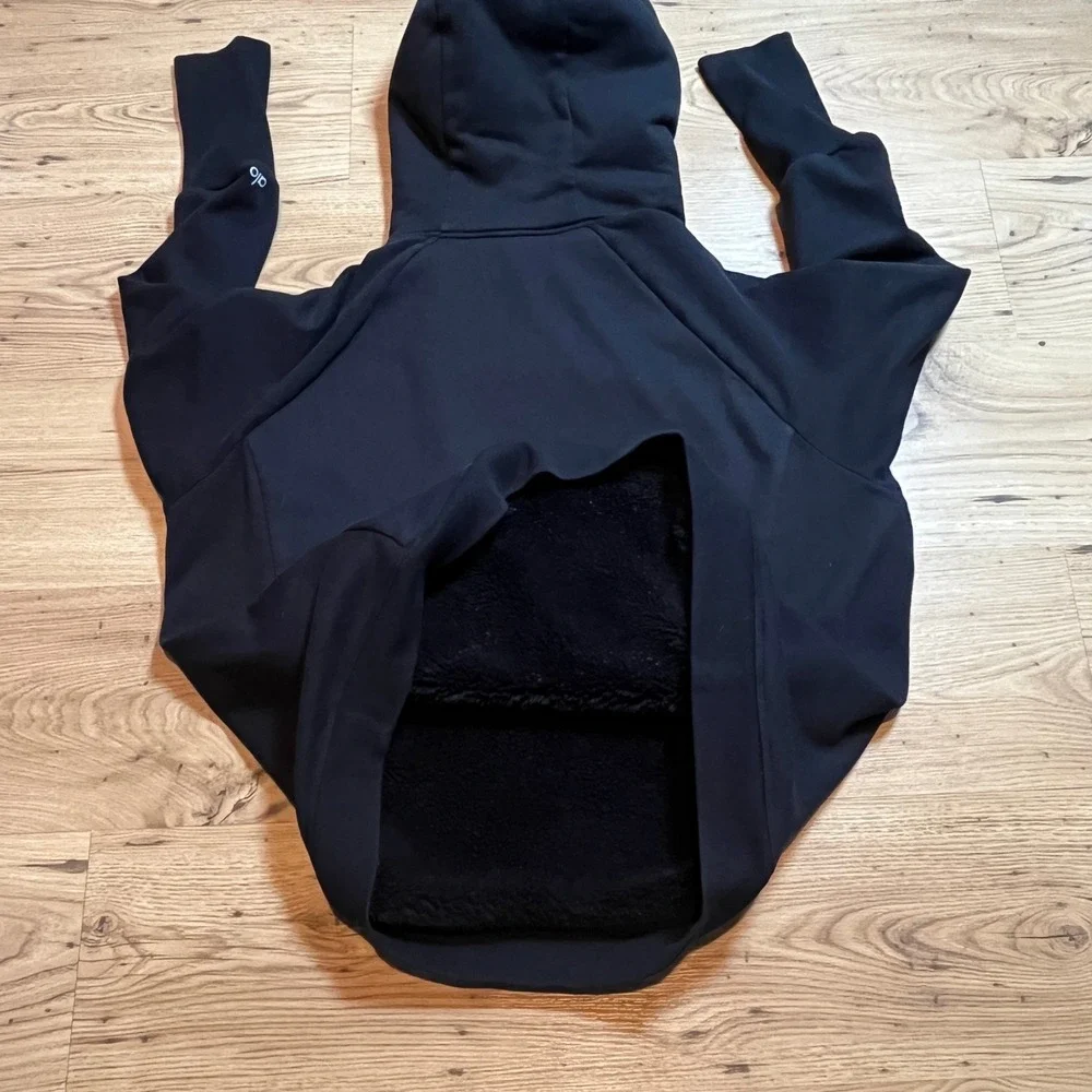 Alo Yoga Frost Hoodie Women S Black Sherpa Lined Sweatshirt Thumbhole Pullover